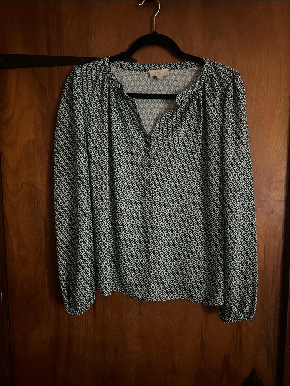LOFT Teal and White Geometric Long-Sleeve Blouse